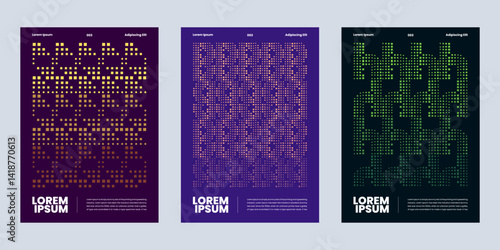 Postmodern vector with geometric pixel disintegration background,  set of posters symbols mosaic textures with abstract square particles for media digital, disintegration for figures dispersed dotted