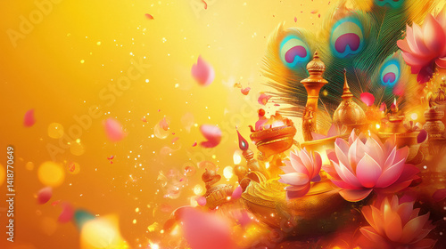 Celebrate Thaipusam with a vibrant background featuring oil lamps, peacock feathers, and pink lotus flowers against a bright yellow backdrop