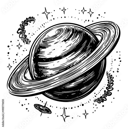 Vintage Engraving of Saturn with Sparkling Stars and Flourishes