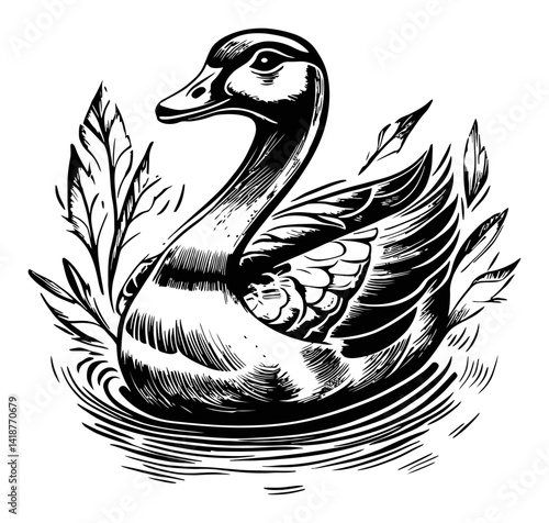 Detailed Black and White Engraving of a Duck Swimming in Water