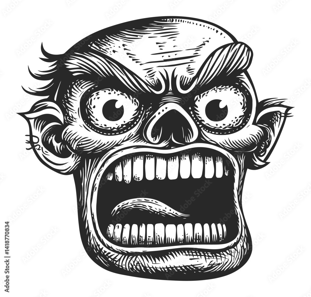 Fototapeta premium Angry Skull Illustration in Engraving Style with Bold Features