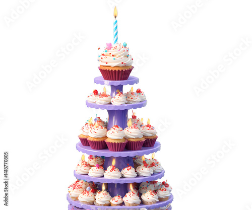 Delightful Cupcake Tower Illustration Showcasing Festive Decorations and a Single Candle Celebrating a Special Occasion, Perfect for Festive Themed Designs