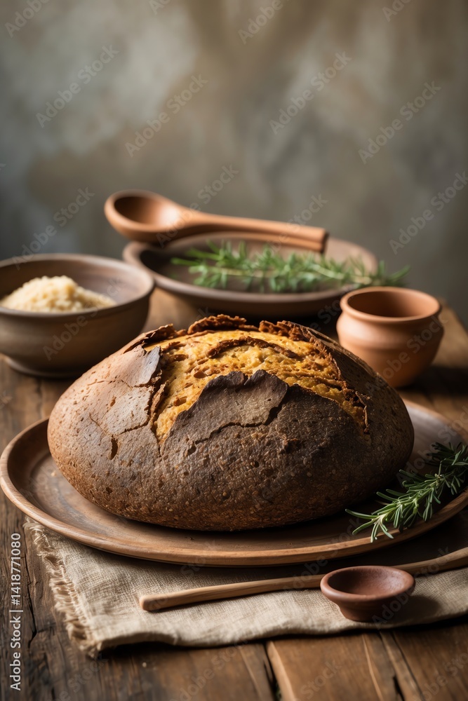 Naklejka premium Artisan Bread Loaf with Rosemary on Rustic Wooden Table Setting