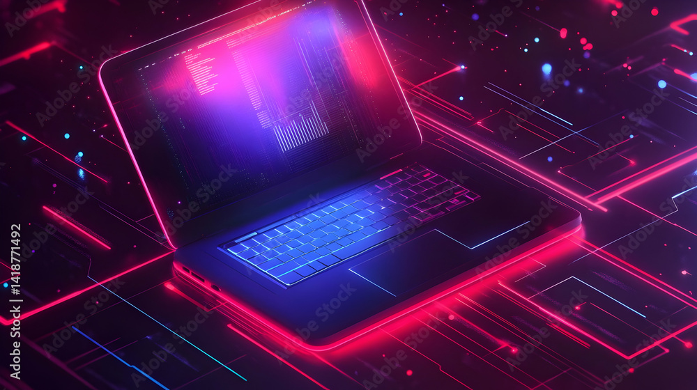Abstract Laptop Cyber Technology with Glowing Red and Blue Circuits and Pixels Futuristic High Tech Design Abstract Laptop Cyber Technology with Glowing Red and Blue Circuits and Pixels Futuristic High Tech Design