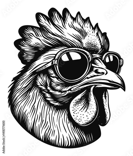 Detailed Engraving of a Chicken Wearing Sunglasses in Black and White