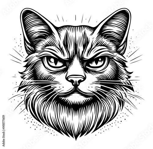 Detailed Engraving of a Fierce Cat Face in Black and White Style
