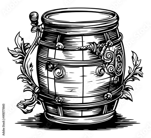 Vintage Wood Barrel Engraving with Decorative Elements and Detail