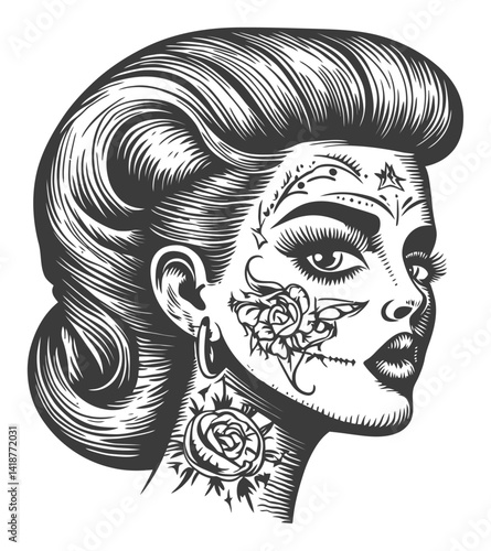 Vintage Engraving of a Beautiful Woman with Floral Tattoo Design