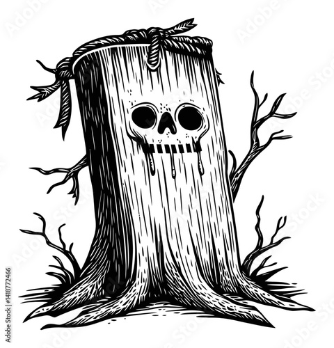 Creepy Illustrative Woodcut of Skull on Tree Stump with Branches