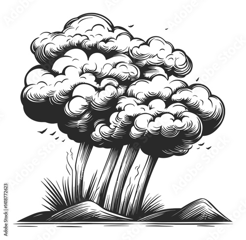 Black and White Engraving of Explosive Clouds and Eruptions