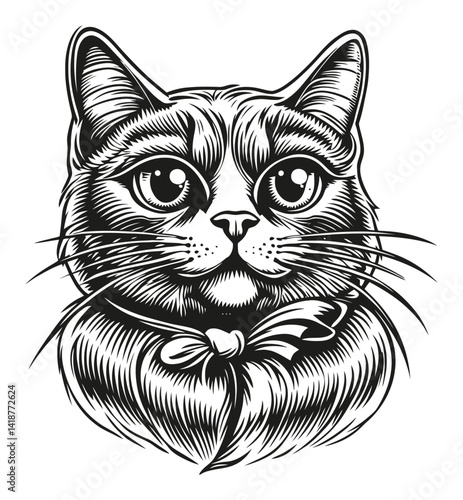 Detailed Black and White Cat Portrait Illustration with Whiskers