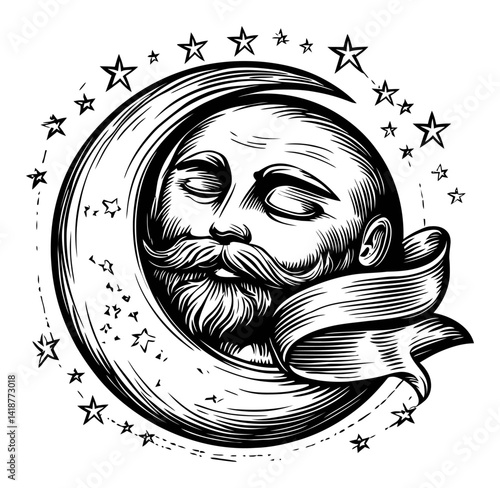 Serene Moon Face with Stars and Ribbon in Vintage Engraving Style