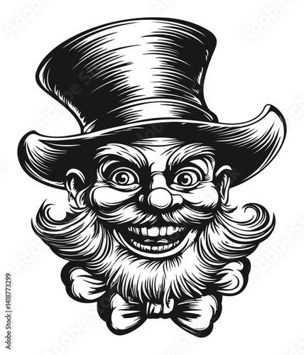 Black and White Vintage Illustration of a Smiling Top Hat Character