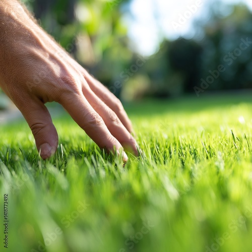 A person's hand touching a green lawn with a blue sky in the background
