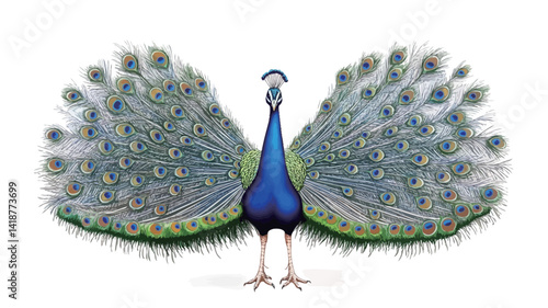 A full-frame, eye-level studio photograph shows a peacock in all its glory. The bird's feathers are meticulously detailed, displaying a range of vibrant blues, greens and golds.