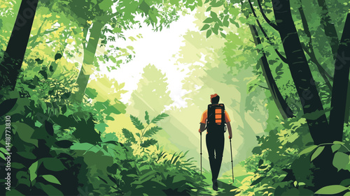 This artwork features a stylized digital painting or illustration of a person's back, trekking along a path in a lush, verdant forest. The main color palette of the artwork is.