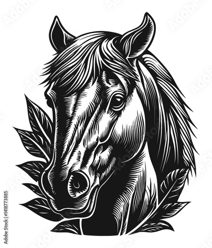 Detailed Black and White Engraving of a Majestic Horse Head