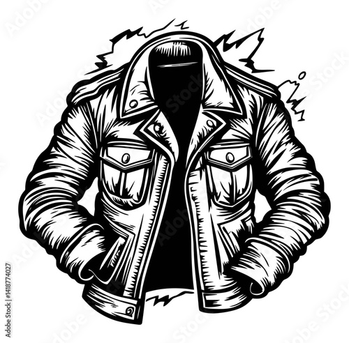 Vintage Leather Jacket Drawing in Engraving Style