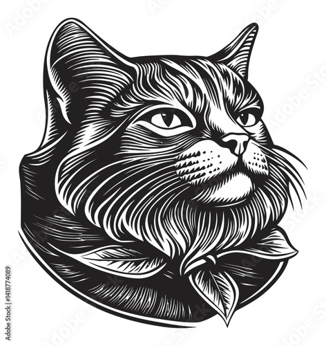 Elegant Cat Portrait in Engraving Style with Detailed Fur