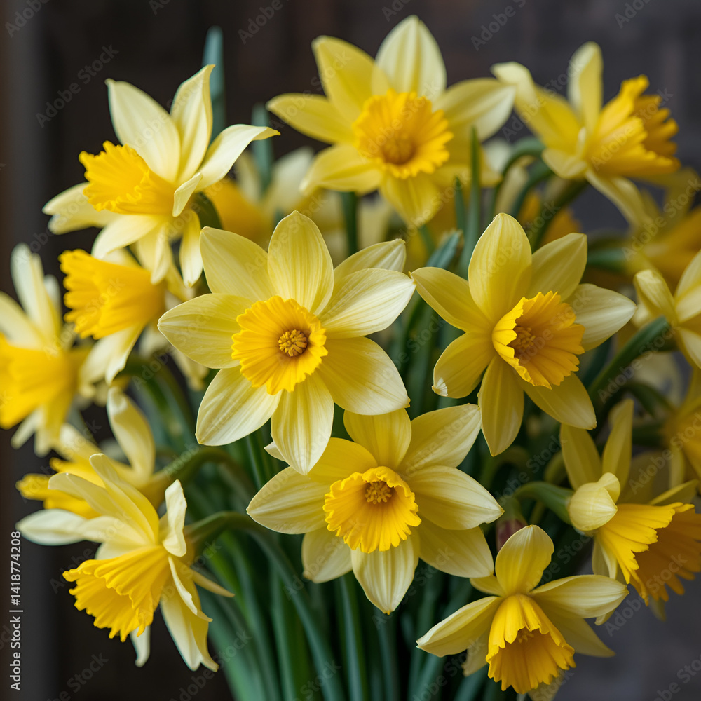 Fototapeta premium Bouquet of yellow narcissuses closeup in rustic style