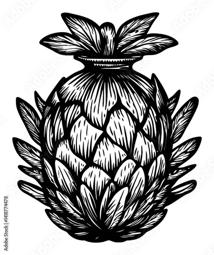 Detailed Black and White Engraving of a Pineapple Design