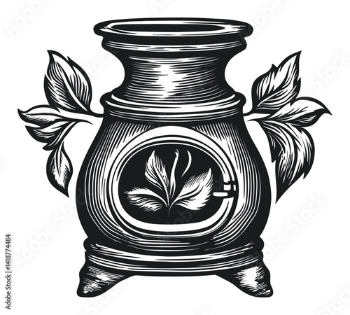 Vintage Engraving of Decorative Stove with Leaf Motif Design