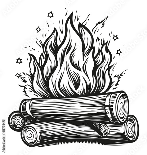 Black and White Engraving of Campfire with Logs and Flames
