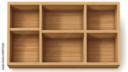 An overhead view of a rectangular wooden storage unit. The unit has nine evenly sized empty compartments and is made of a light brown, bamboo-looking wood, shown.