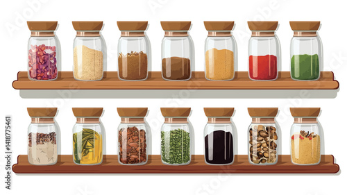 A digital rendering depicts two wooden racks, each holding twelve clear glass jars with cork lids. The jars contain a variety of spices and ingredients in a variety of colors.