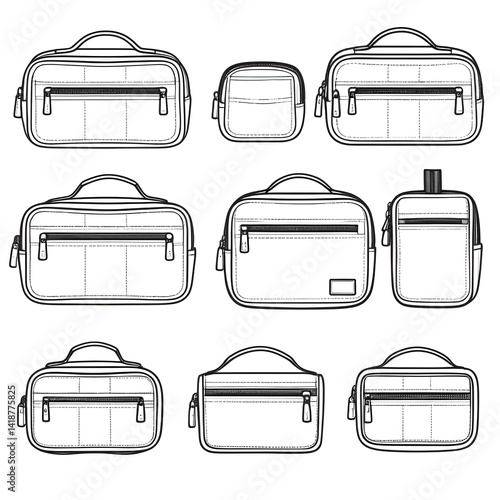 set of toiletry bags flat sketch vector illustration technical cad drawing template