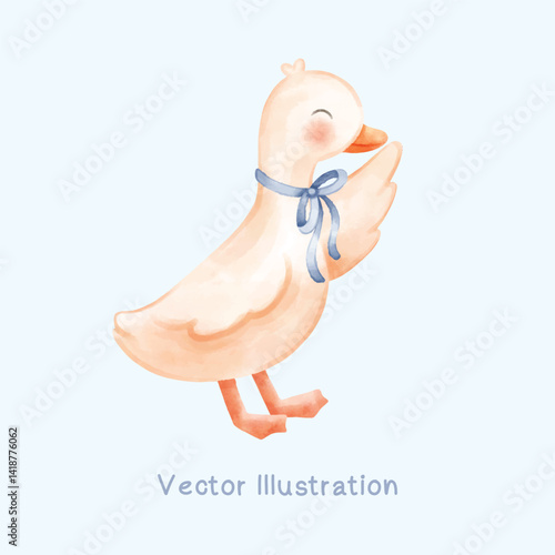 Watercolor Cute Duck with blue ribbon bow , silly goose, vector Illustration