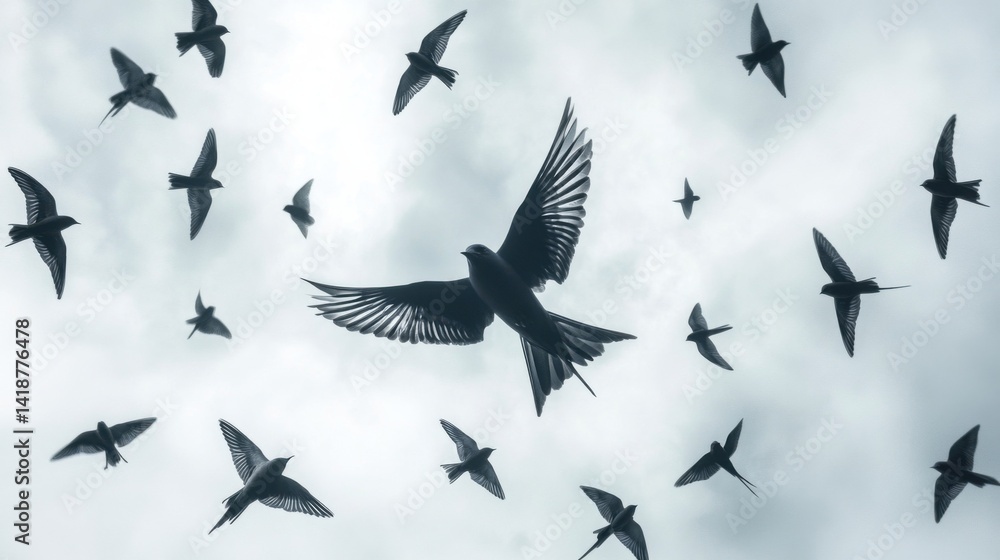 Fototapeta premium Flock of Birds Silhouetted Against Cloudy Sky
