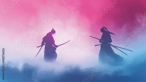 This digital illustration depicts two warrior silhouettes dueling, with the figures in solid black against a bright pink and blue background.