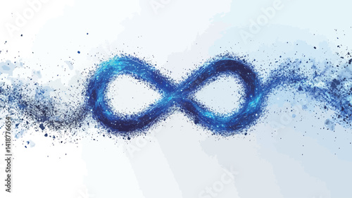 The image features a stylized infinity symbol rendered in a vivid blue hue, made up of countless tiny glowing particles that appear to be in motion, creating a.