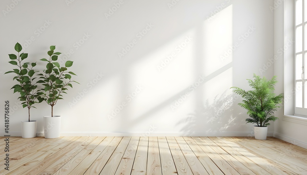 Empty room with white wall, wooden floor and two green plants on the sides, minimalist style, clean and bright Empty room with white wall, wooden floor and two green plants on the sides, minimalist style, clean and bright
