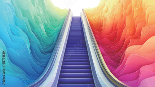 The digital rendering depicts a central purple escalator ascending toward a bright white light source, flanked by highly saturated, stylized wavy patterns.