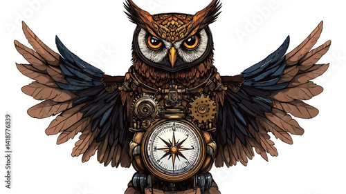 A digital illustration of a stylized owl in a steampunk style. The owl's body is made up of intricate clockwork gears, cogs, and a central compass.