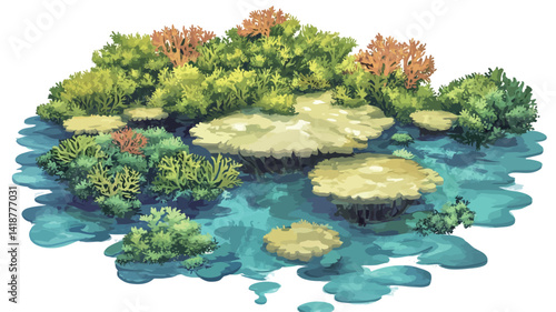 This digital illustration shows a vibrant coral reef ecosystem. The image is digitally painted in a detailed way, with a variety of coral forms.
