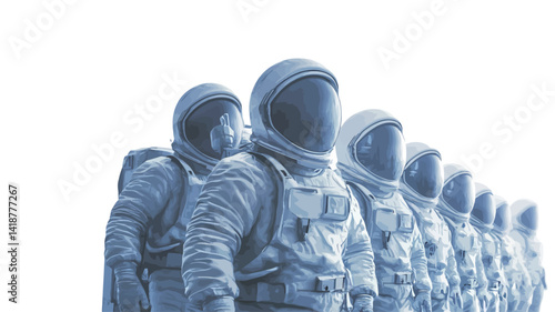 The image depicts a group of uniformed astronauts in a stylized digital rendering, standing in a straight line against a pure white background.