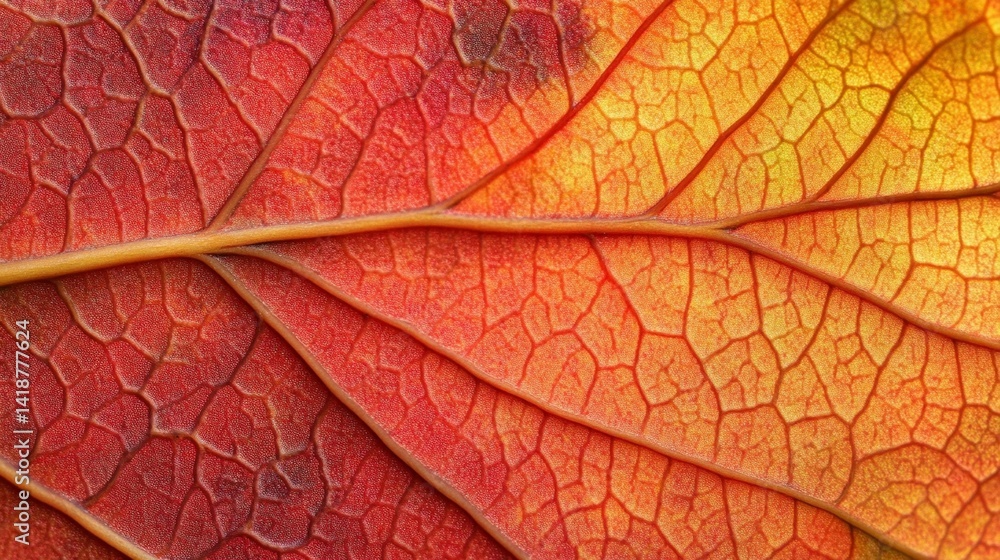 Fototapeta premium Close-up of a vibrant autumn leaf, showcasing intricate vein patterns and warm color transitions from red to orange and yellow.