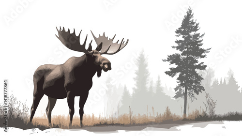 This digital rendering shows a large moose standing in a misty forest clearing. The moose is depicted realistically, with its fur, antlers and antlers.