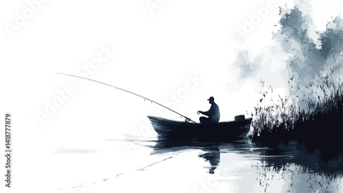 The painting depicts a fisherman in a boat on the water in a minimalist, almost abstract style reminiscent of an ink wash or watercolor.
