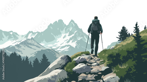 This image shows a stylized vector illustration of a solo hiker climbing a mountain trail. The color scheme is muted, mostly green, gray, and white, creating a calming feeling.