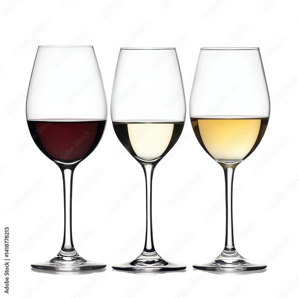 Fototapeta premium Elegant display of red, white, and rose wine glasses against a clean Transparent background, wine glasses isolated PNG background