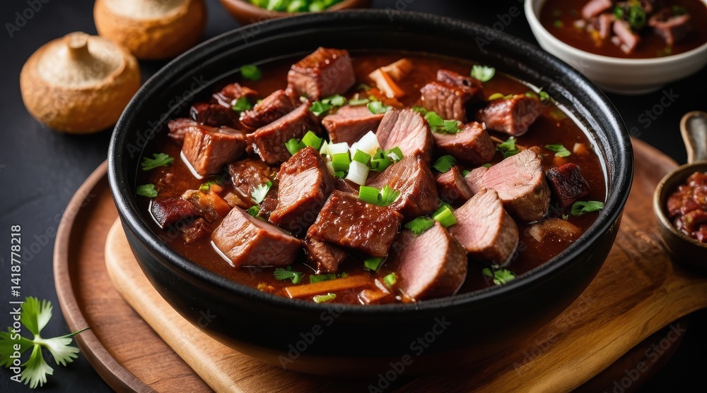 Sliced roasted beef with rice garnished with cilantro and green onions in a savory sauce served in a white bowl Sliced roasted beef with rice garnished with cilantro and green onions in a savory sauce served in a white bowl
