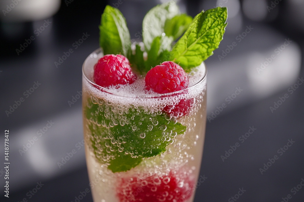 Raspberry mint cocktail that has just been shaken, with bubbles rising to the surface Raspberry mint cocktail that has just been shaken, with bubbles rising to the surface