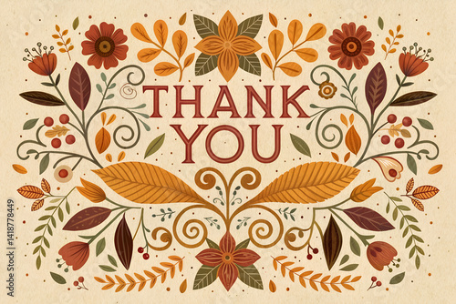 Vintage thank you card, floral folk art design, symmetrical composition, ornate lettering, warm autumn colors