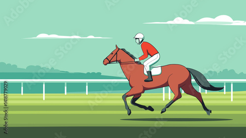 競馬場で疾走するの馬と騎手