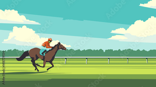 競馬場で疾走するの馬と騎手