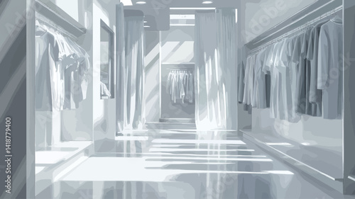 This image shows a digitally rendered minimalist hallway, painted entirely in white. The perspective begins at a central vanishing point, emphasizing the length and linearity of the hallway.